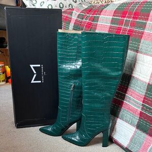 Marc Fisher Teal Croc-Embossed Heeled Boots
